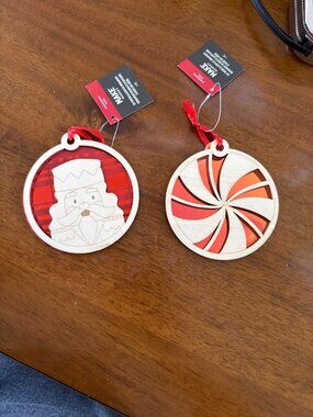 Wooden Nutcracker & Peppermint Christmas Ornaments Set With Red Accents Holiday